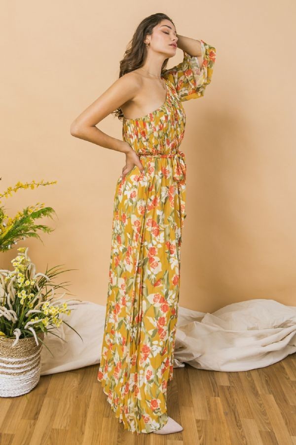 A Printed Woven One Shoulder Maxi Dress