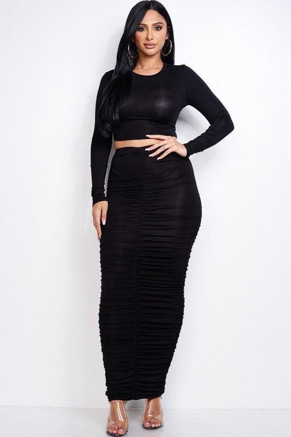 Solid Heavy Rayon Spandex Long Sleeve Cropped Top And Ruched Maxi Skirt Two Piece Set - Beauty Always Fashion