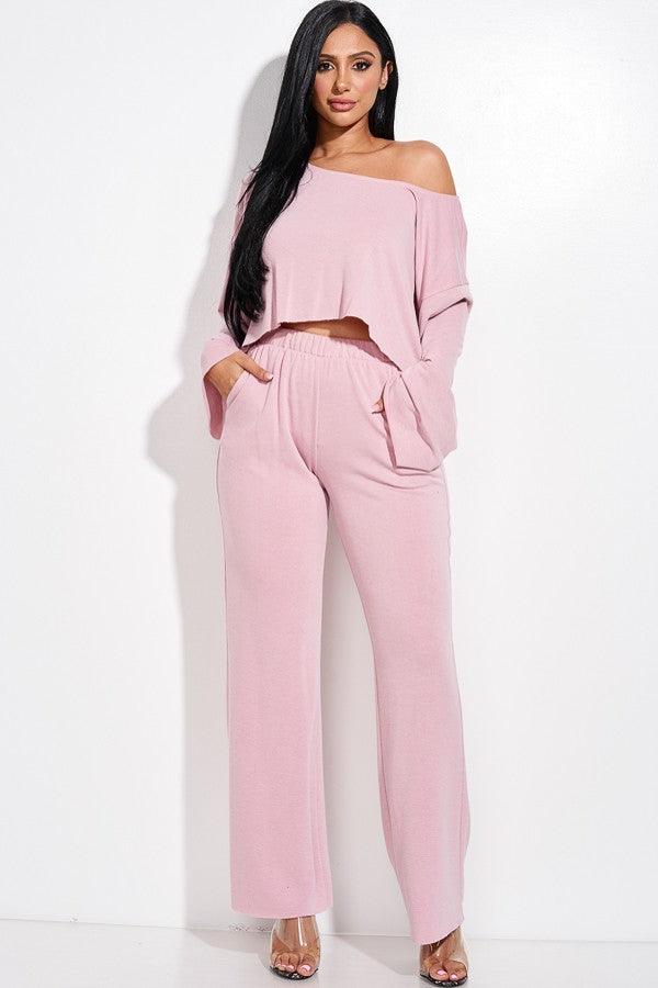 Solid French Terry Long Slouchy Long Sleeve Top And Pants With Pockets Two Piece Set - Beauty Always Fashion