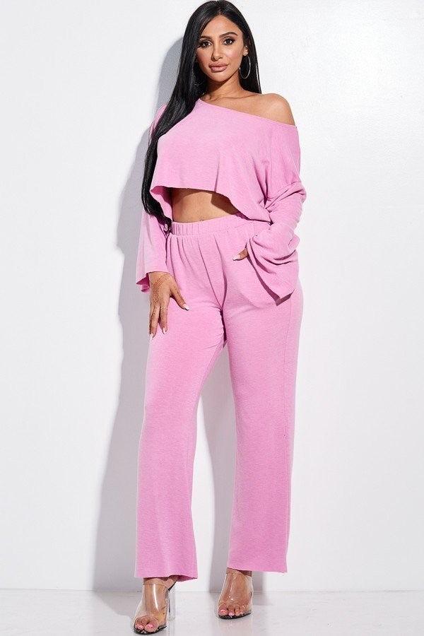 Solid French Terry Long Slouchy Long Sleeve Top And Pants With Pockets Two Piece Set - Beauty Always Fashion