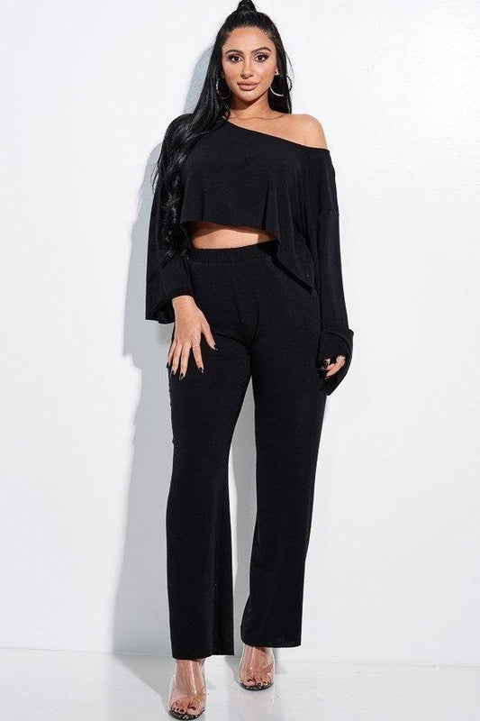 Solid French Terry Long Slouchy Long Sleeve Top And Pants With Pockets Two Piece Set - Beauty Always Fashion