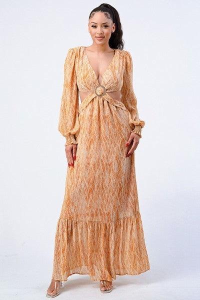 Printed V Neck Self Belted Side Cut Out Ruffled Maxi Dress - Beauty Always Fashion