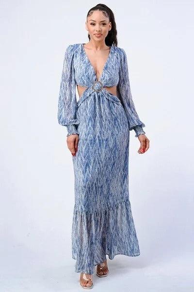 Printed V Neck Self Belted Side Cut Out Ruffled Maxi Dress - Beauty Always Fashion