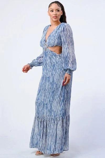 Printed V Neck Self Belted Side Cut Out Ruffled Maxi Dress - Beauty Always Fashion