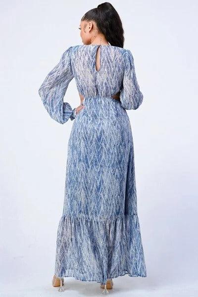 Printed V Neck Self Belted Side Cut Out Ruffled Maxi Dress - Beauty Always Fashion