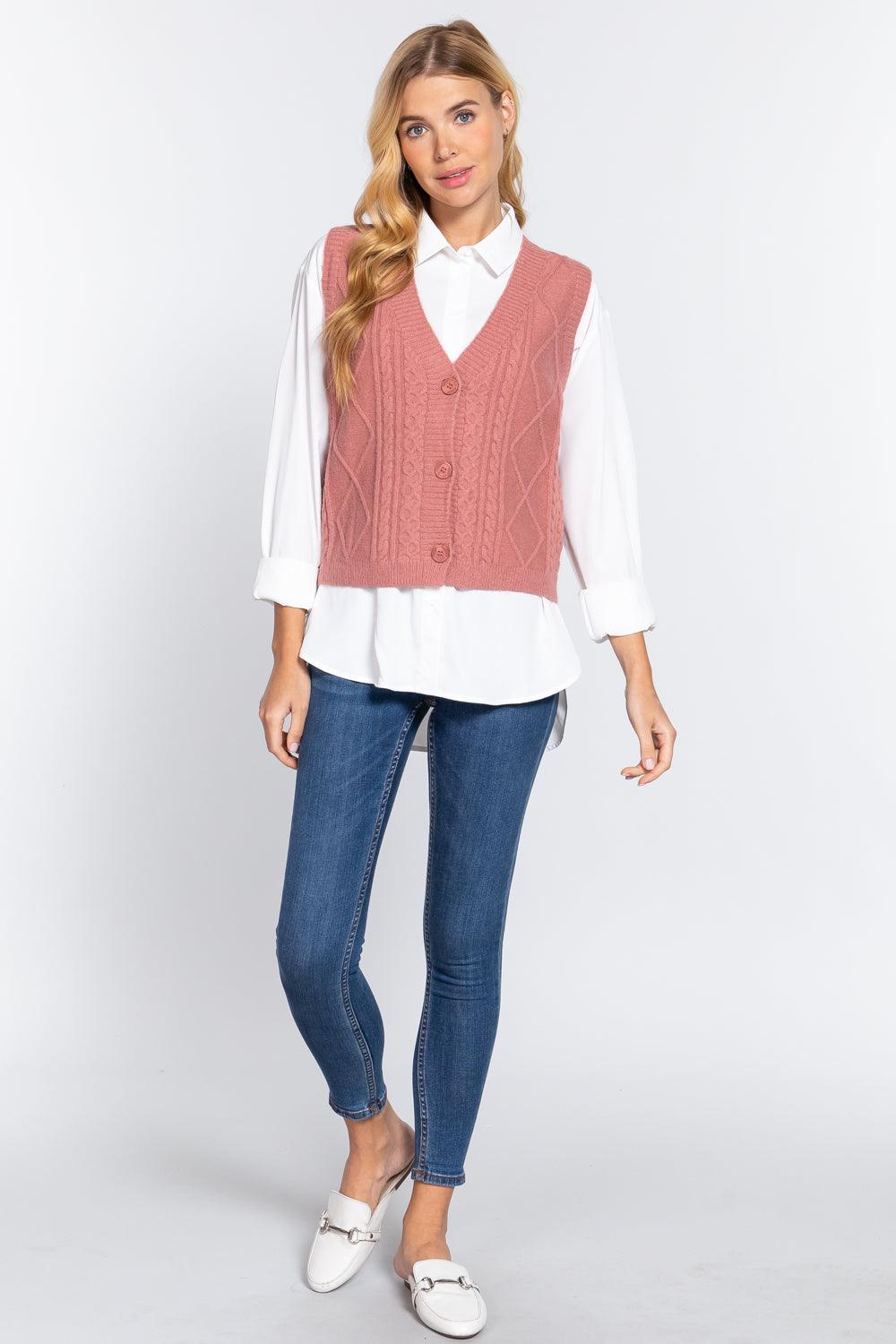 V-neck Cable Sweater Vest Cardigan - Beauty Always Fashion