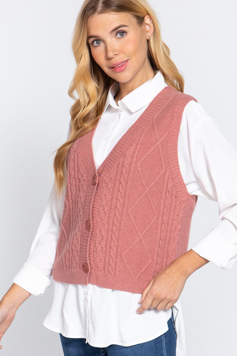 V-neck Cable Sweater Vest Cardigan - Beauty Always Fashion