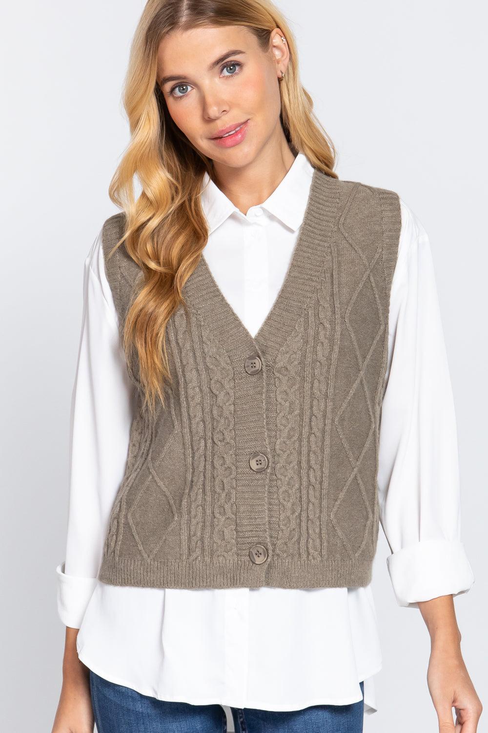 V-neck Cable Sweater Vest Cardigan - Beauty Always Fashion