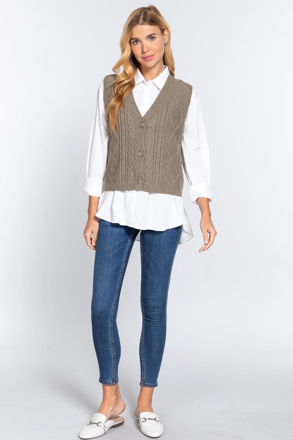 V-neck Cable Sweater Vest Cardigan - Beauty Always Fashion