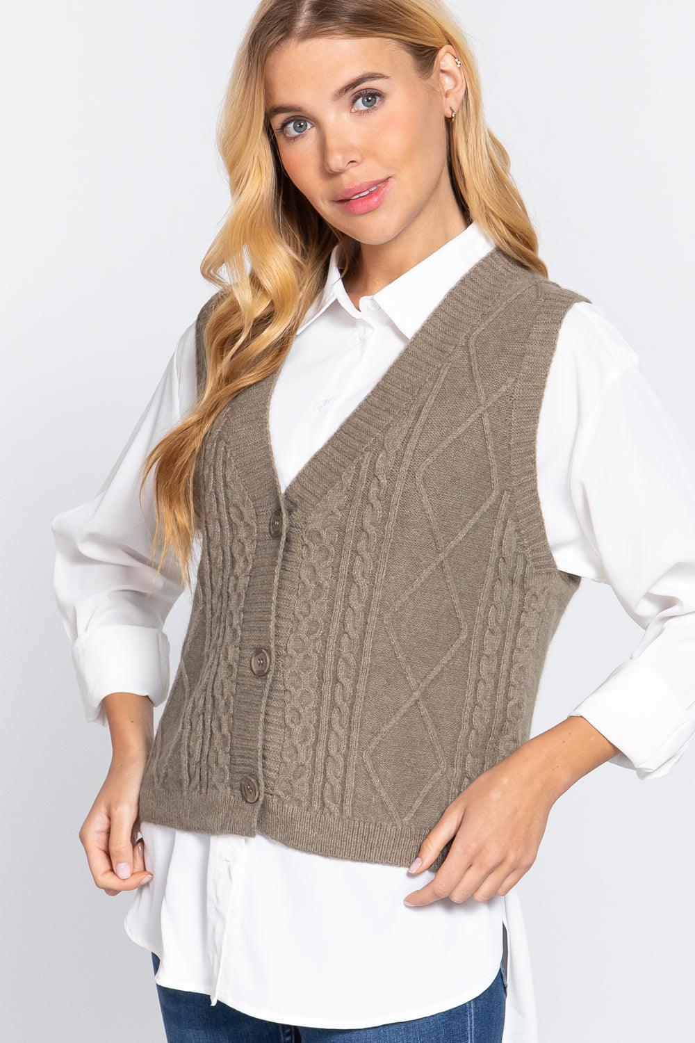 V-neck Cable Sweater Vest Cardigan - Beauty Always Fashion