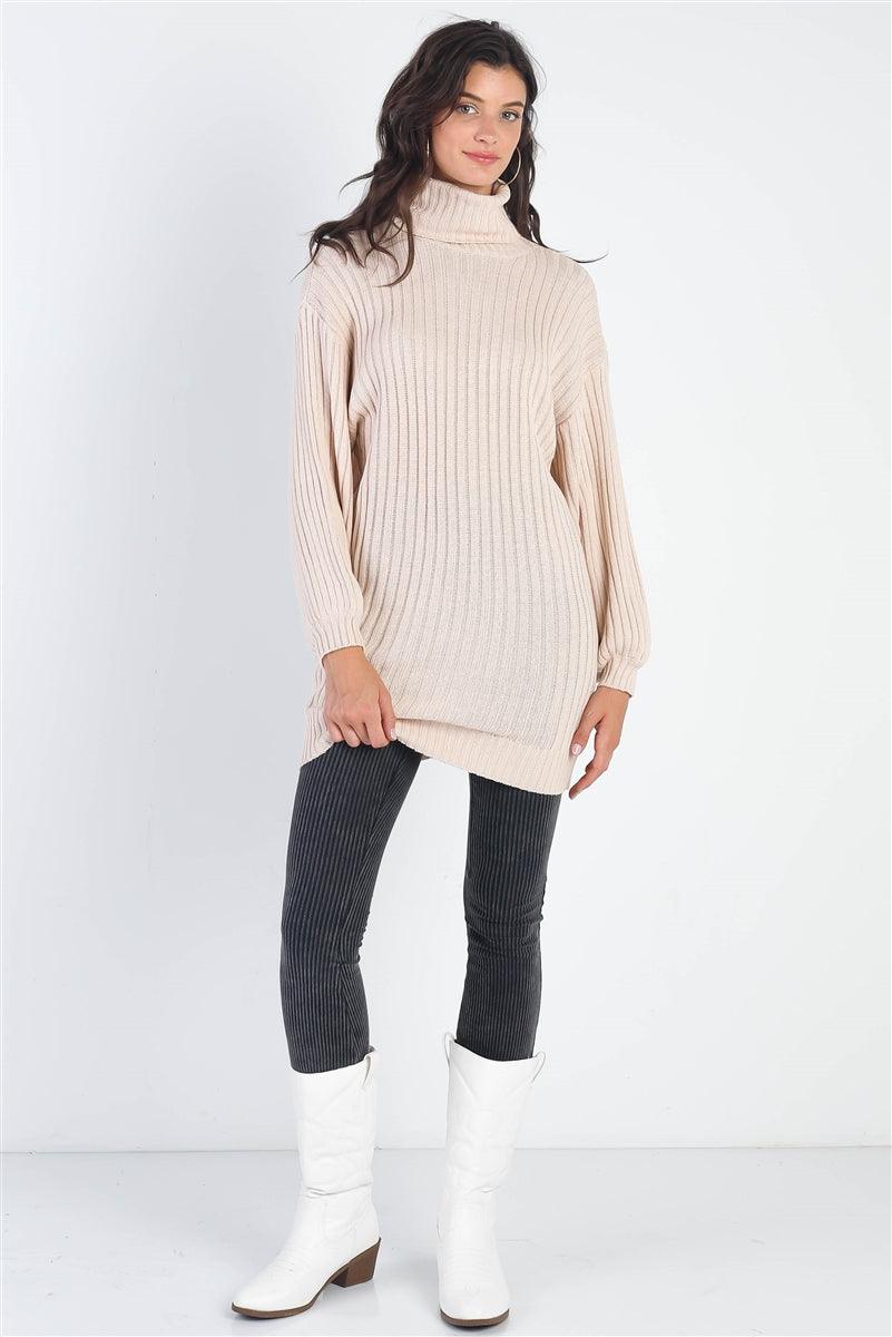 Ecru Cotton Blend Knit Ribbed Turtle Neck Sweater Top - Beauty Always Fashion