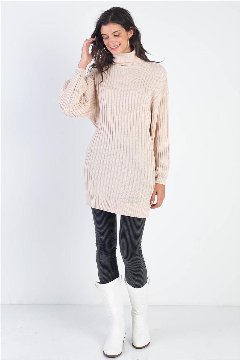 Ecru Cotton Blend Knit Ribbed Turtle Neck Sweater - Beauty Always Fashion