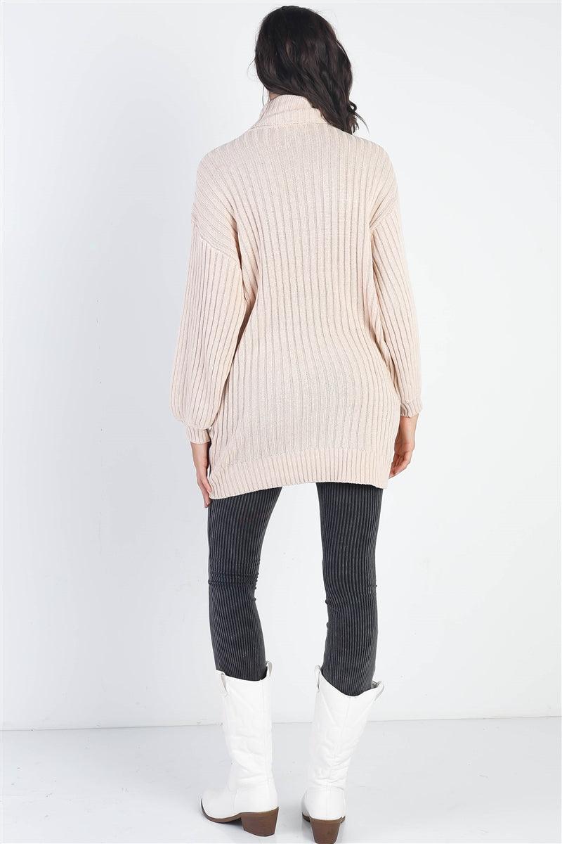 Ecru Cotton Blend Knit Ribbed Turtle Neck Sweater - Beauty Always Fashion