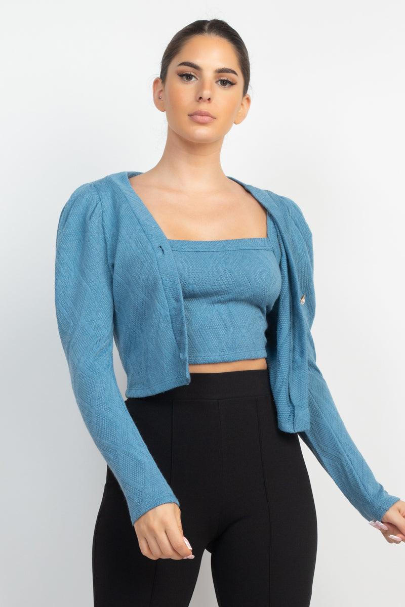 Geometric Cami Puff Sleeves Blazer Top Set - Beauty Always Fashion