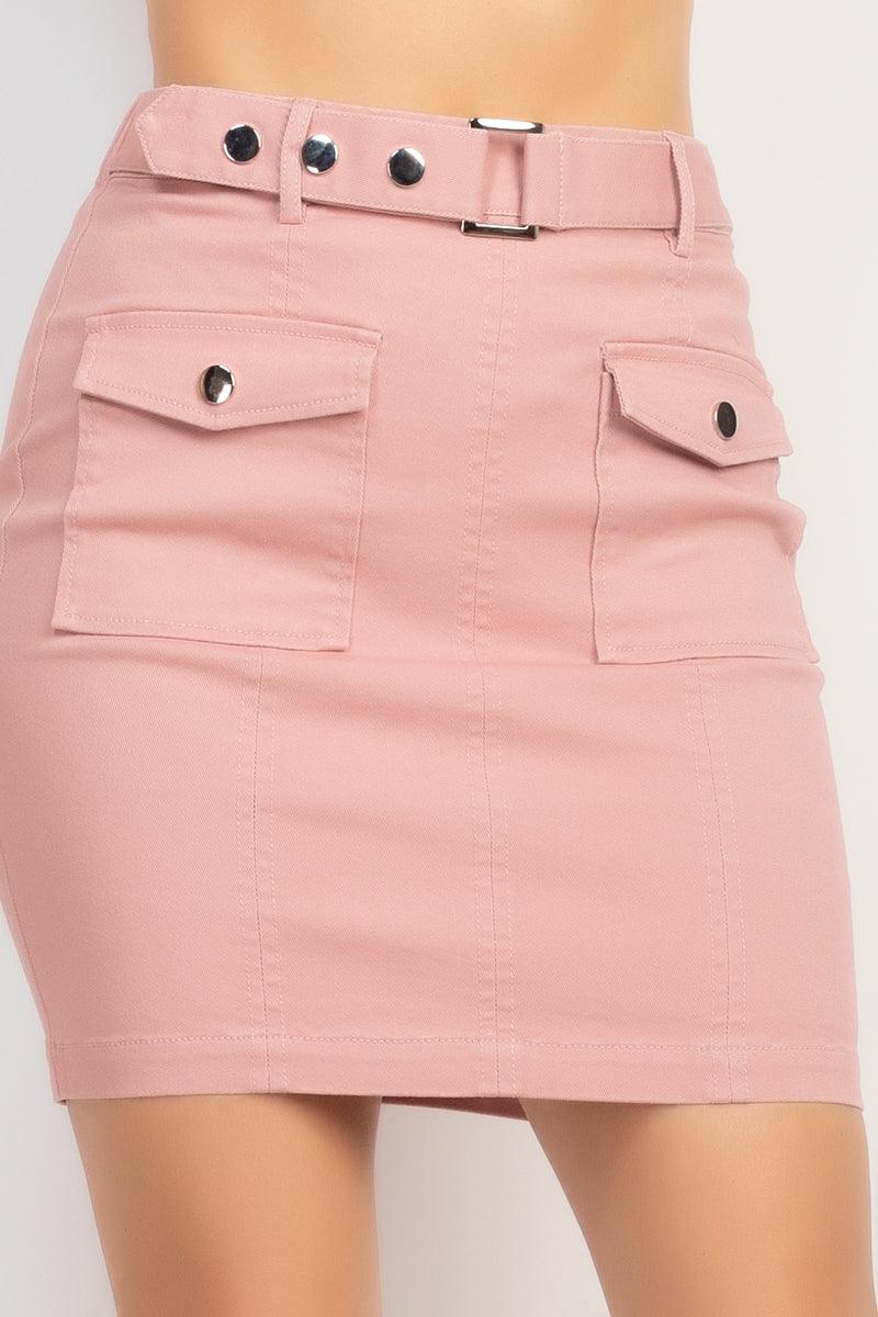 Belted Pocket Solid Mini Skirt - Beauty Always Fashion