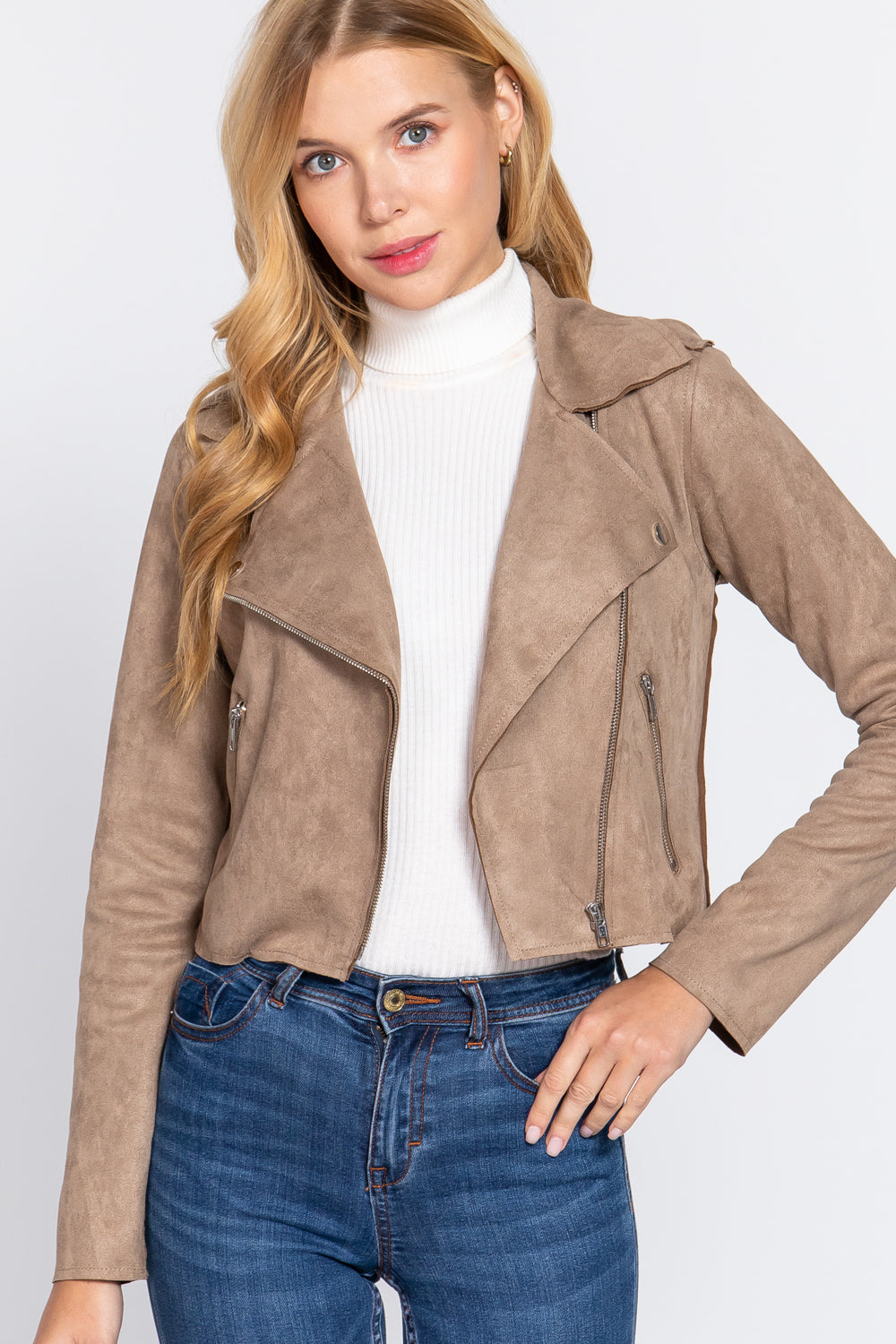 Long Slv Biker Faux Suede Short Jacket