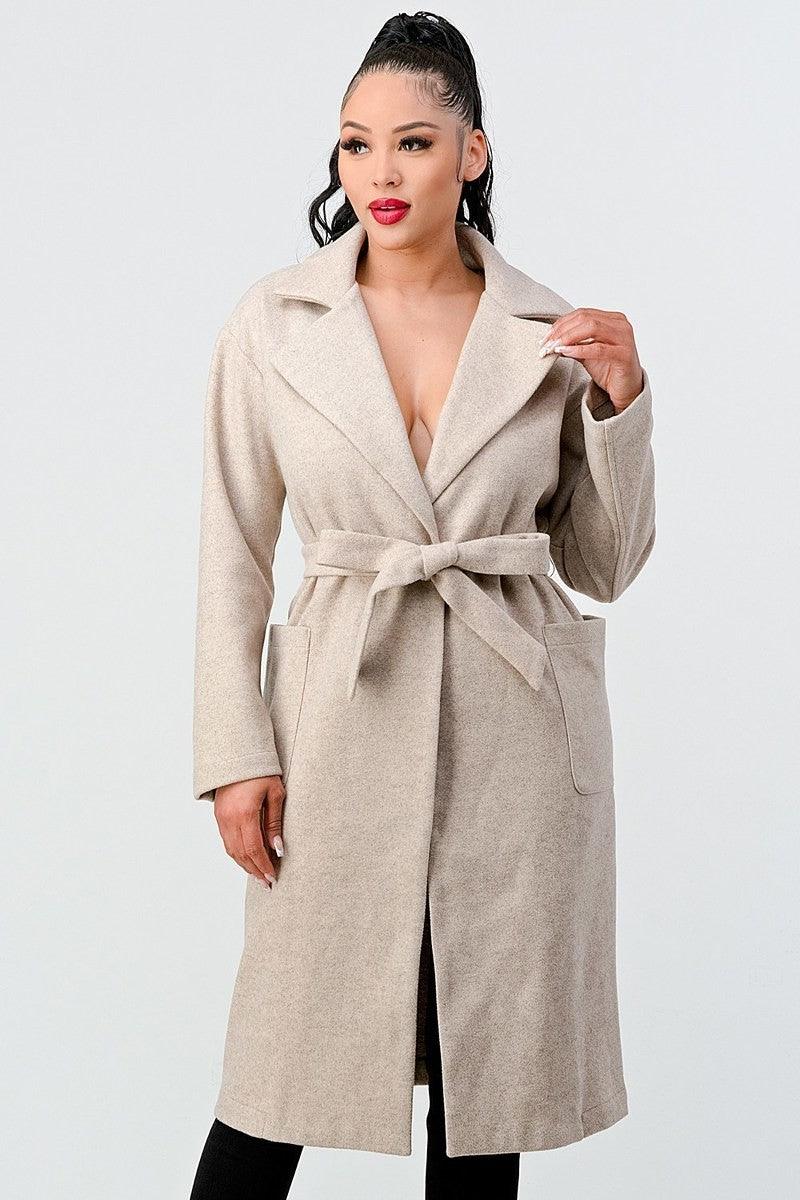 Luxe Wool Waist Tie Side Pockets Midi Length Coat - Beauty Always Fashion