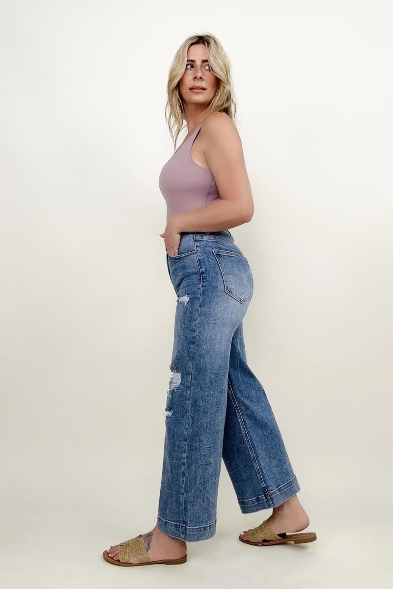 Bayeas High Rise Distressed Wide Leg Cropped Jeans