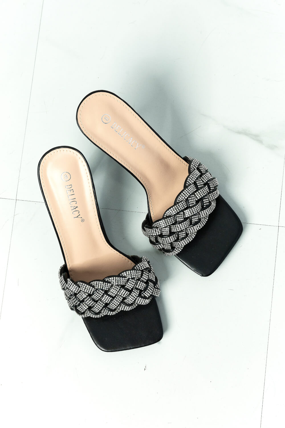 DELICACY Showstopper Braided Rhinestone Heel Slide in Black