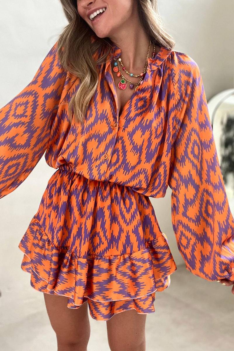 Aztec Orange Print Bubble Sleeve High Waist Romper