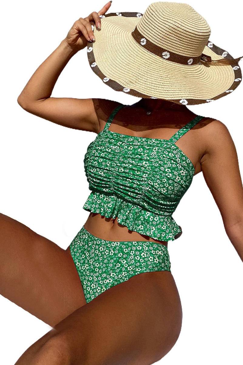 2Pcs Dainty Floral Print Ruffle Trim Bikini Swimsuit