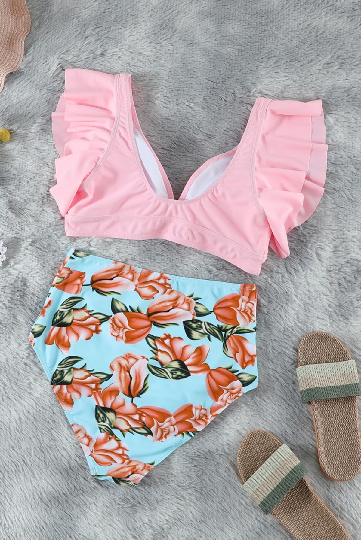 Floral Ruffled Hem High Waist Bikini Set