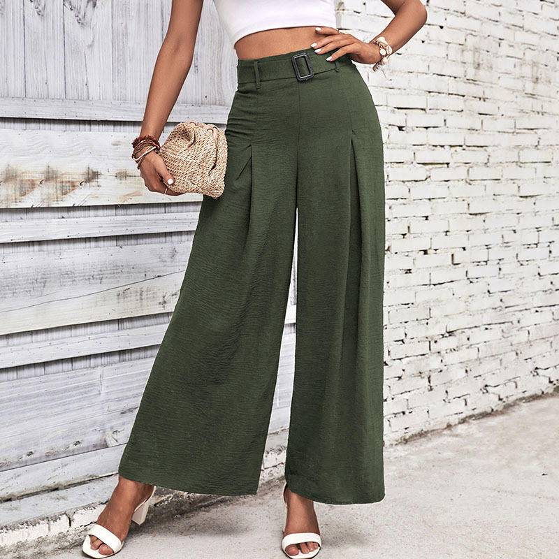 Solid High Waist Wide Leg Pants with Belt