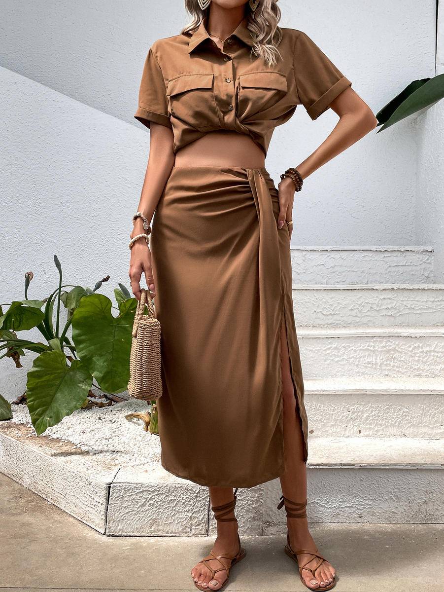 Solid Short Sleeve Cropped Shirt & Slit Maxi Skirt Set