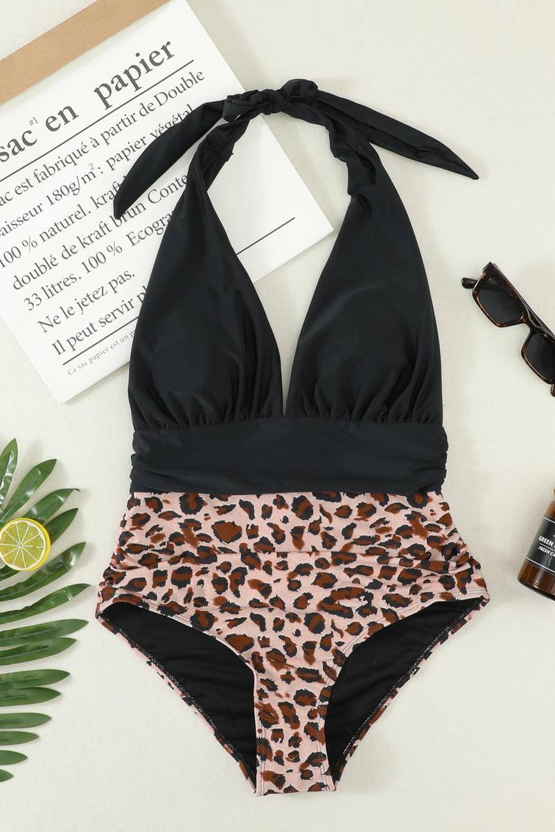 Plunge Colorblock Leopard Bottoms One-Piece Swimsuit