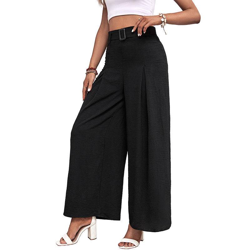 Solid High Waist Wide Leg Pants with Belt