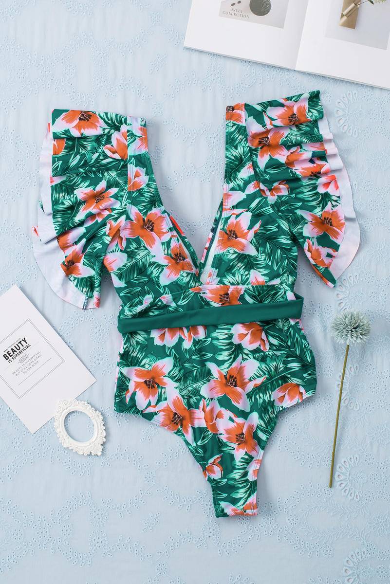 Deep V Neck Print Ruffled One Piece Swimwear