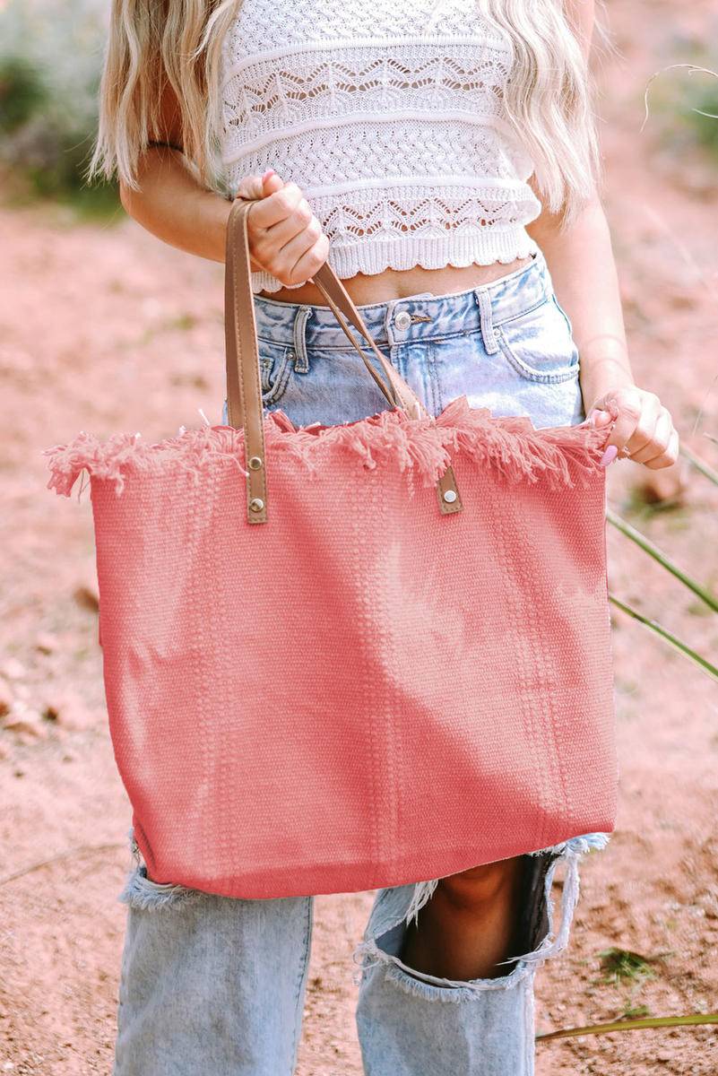 Letter Raw Hem Canvas Large Tote Bag