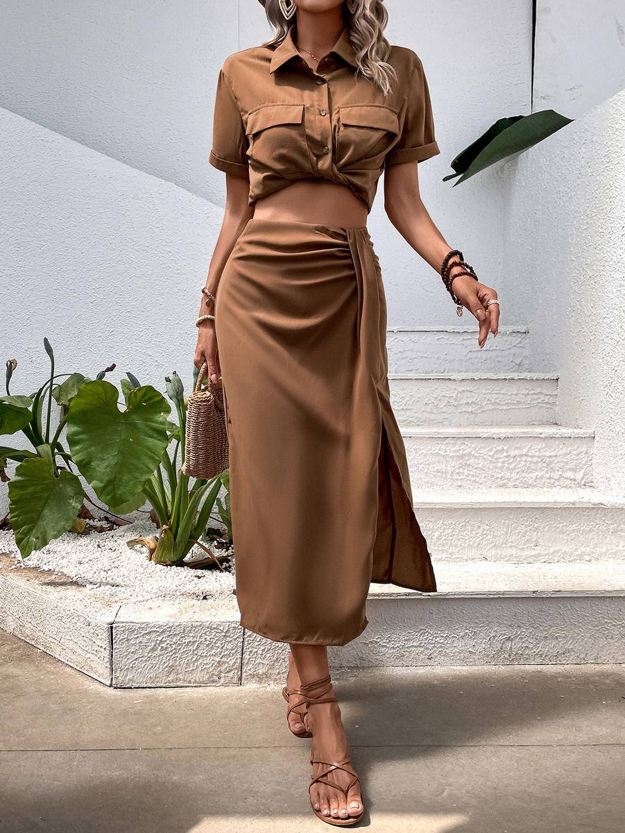 Solid Short Sleeve Cropped Shirt & Slit Maxi Skirt Set