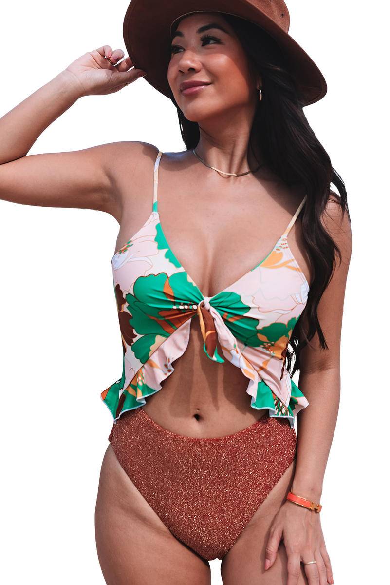 Floral Shining Patchwork One Piece Swimsuit