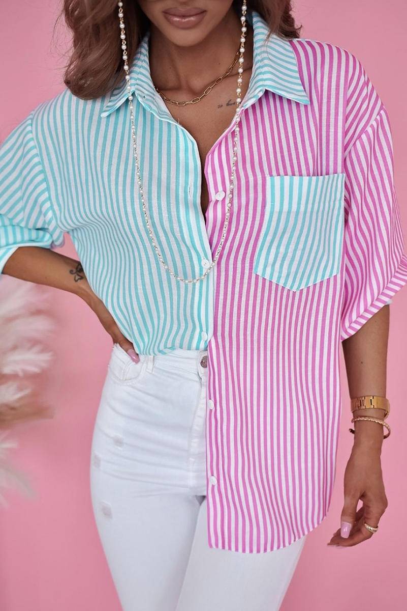 Multi-colored striped print button up blouse