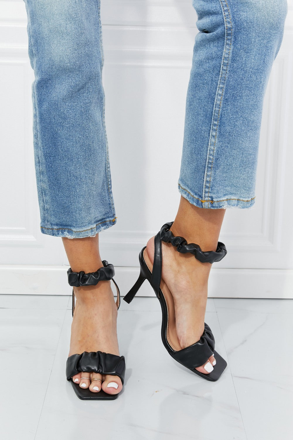 Cape Robbin Faux Leather Scrunchy Strap Heels in Black