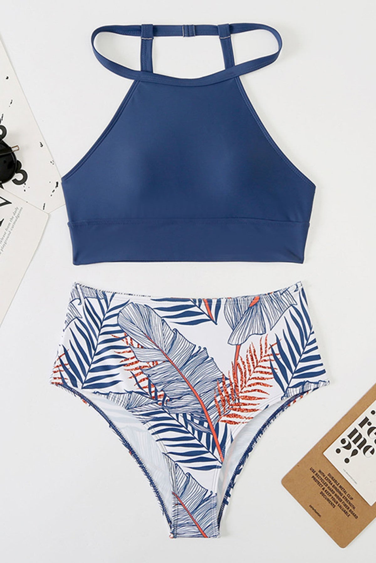 Solid Strappy Halter Bikini Printed High Waist Swimsuit