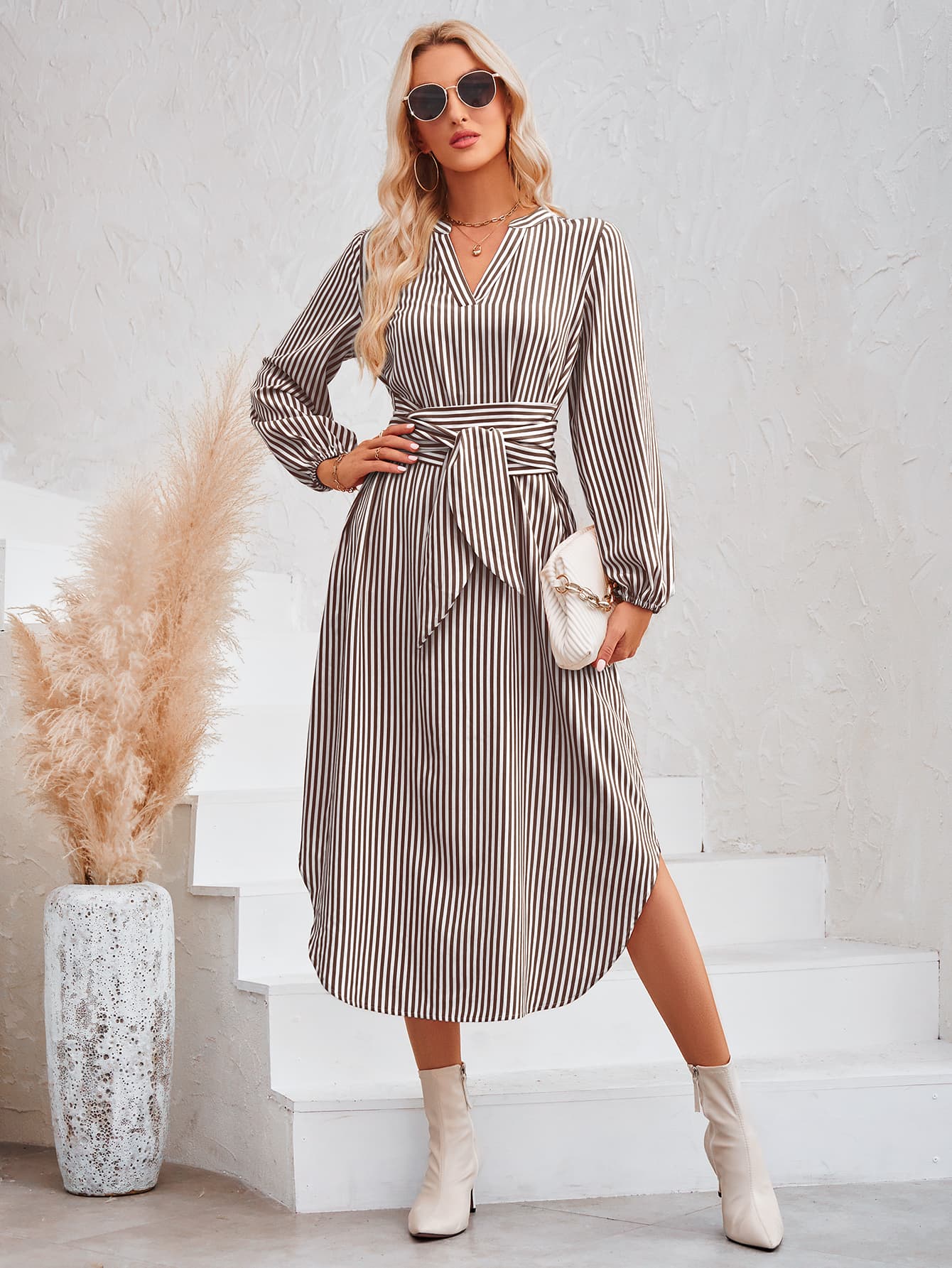 Striped Notched Neck Curved Hem Long Sleeve Dress