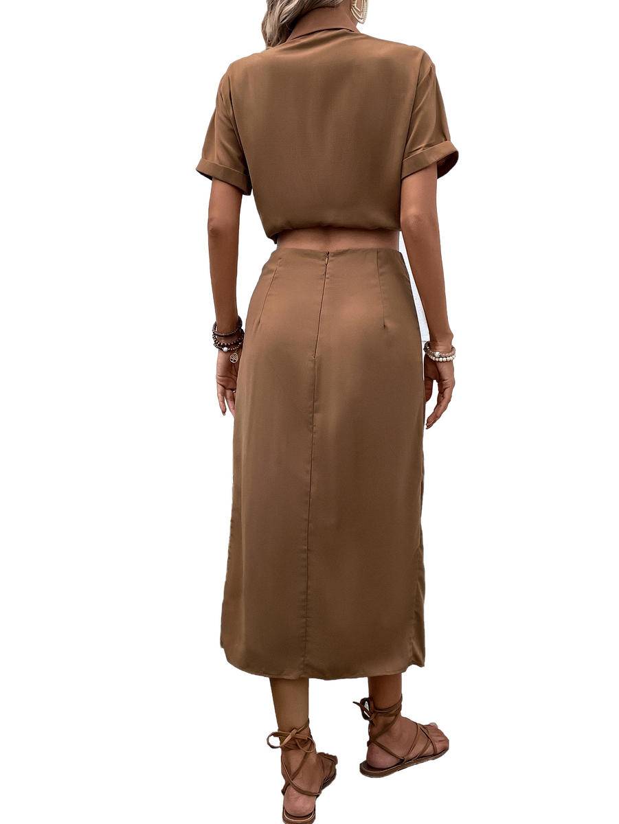 Solid Short Sleeve Cropped Shirt & Slit Maxi Skirt Set