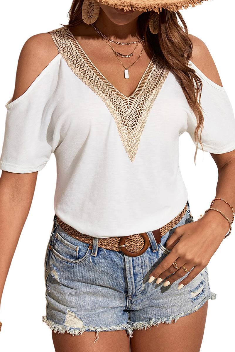 Contrast Guipure Lace Cold Shoulder Tee