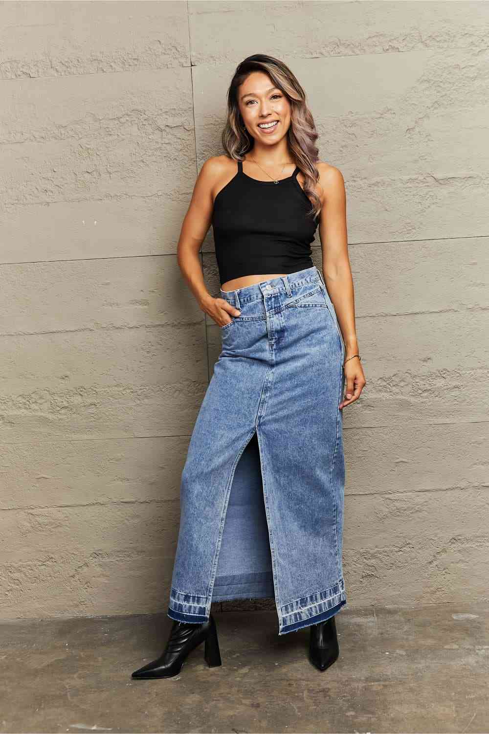 Front Slit Maxi Denim Skirt