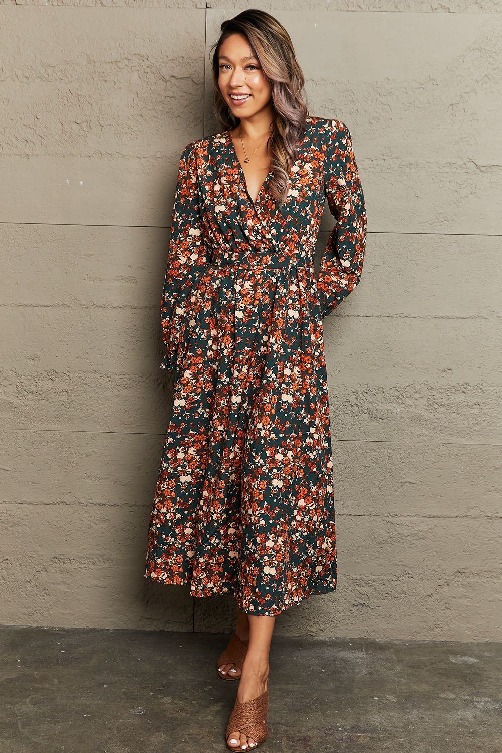 printed midi long sleeve dress