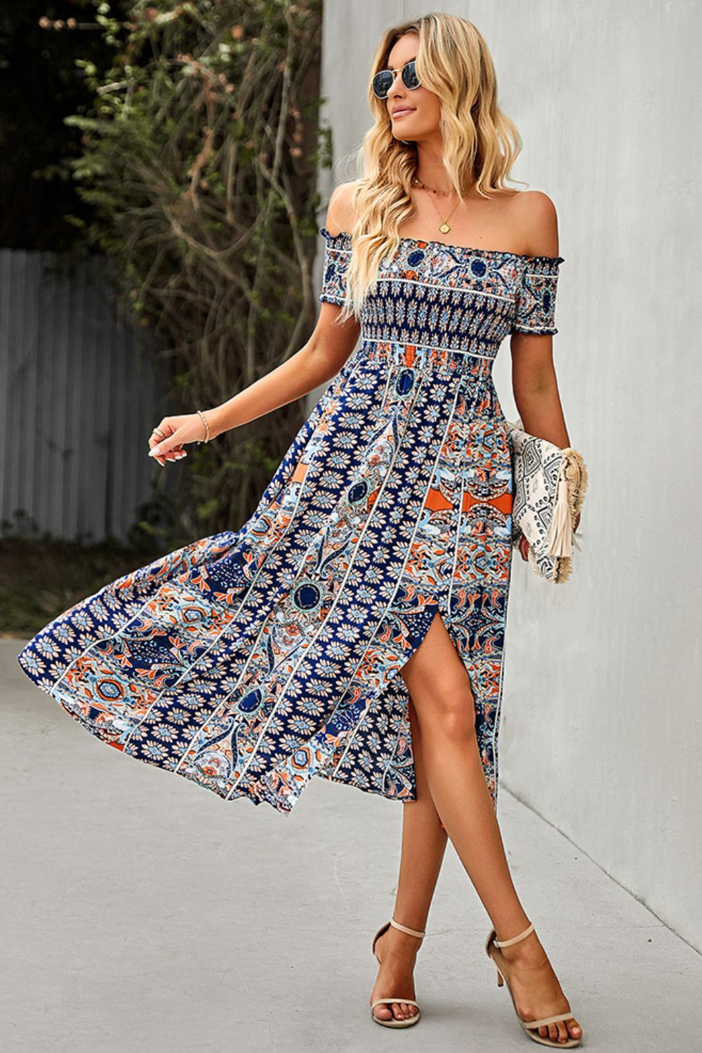 Boho Print off the Shoulder Midi Sundress