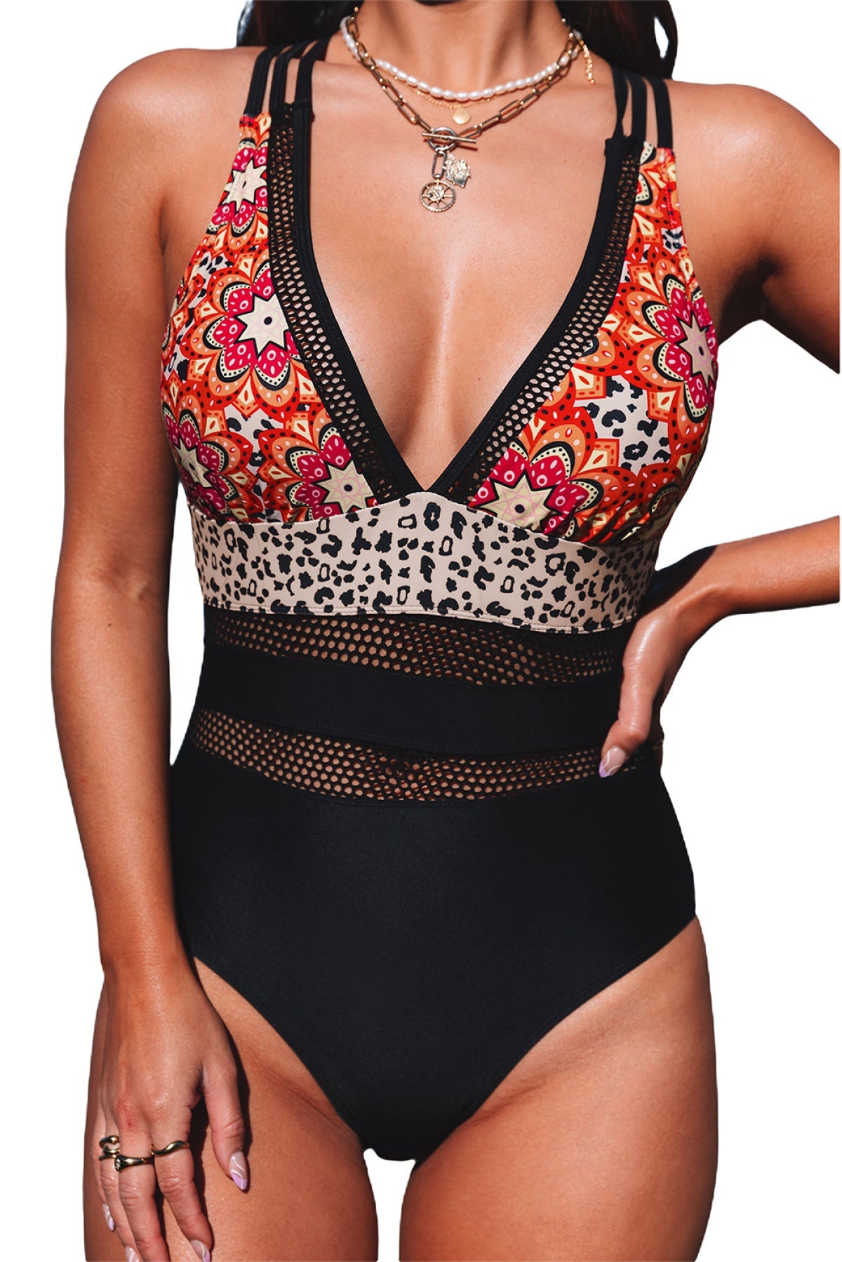 Floral Leopard Patchwork Mesh One Piece Swimsuit