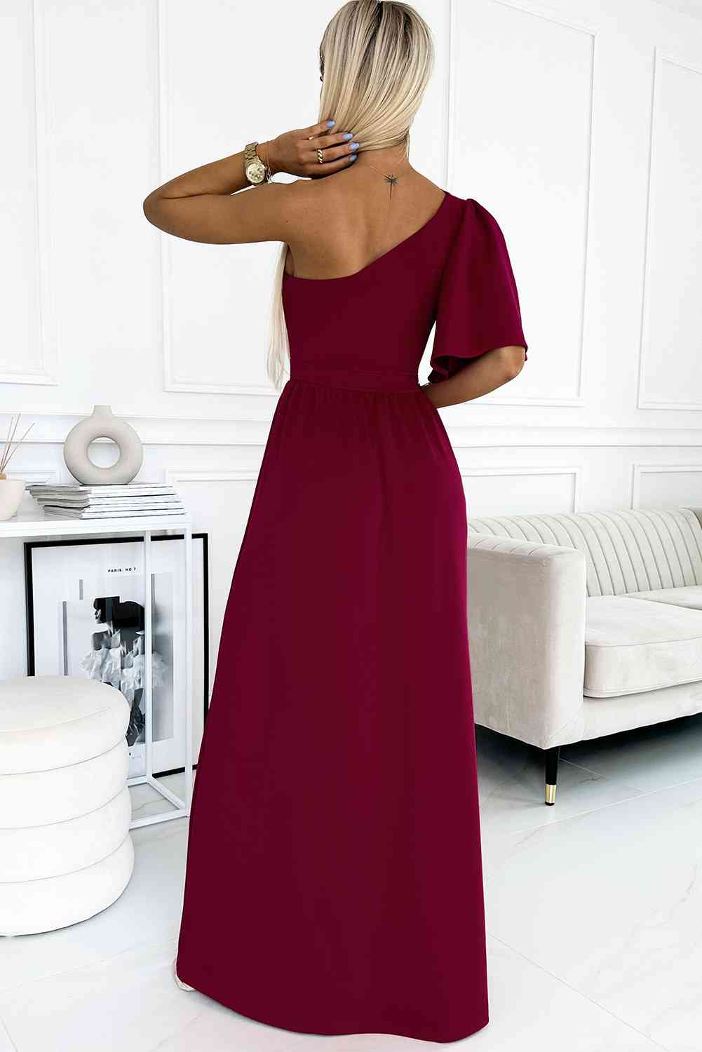 One shoulder Flutter sleeves Slit Dress