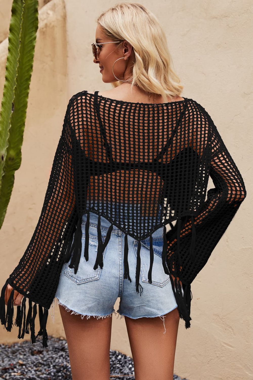 Tassel Hem Openwork Long Sleeve Cover Up