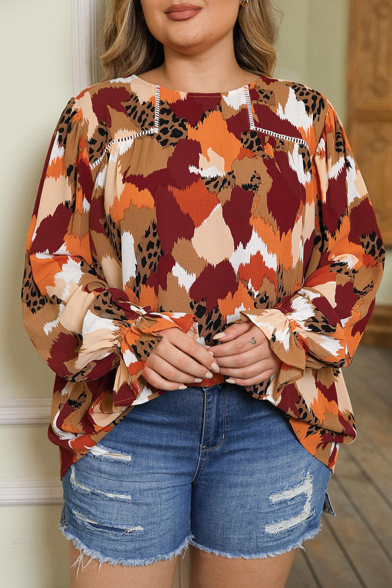 Multicolor Plus Size Abstract Print Balloon Sleeve Blouse