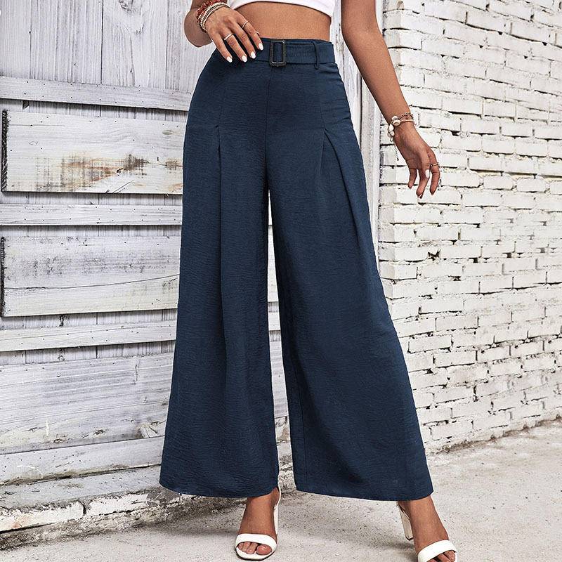 Solid High Waist Wide Leg Pants with Belt