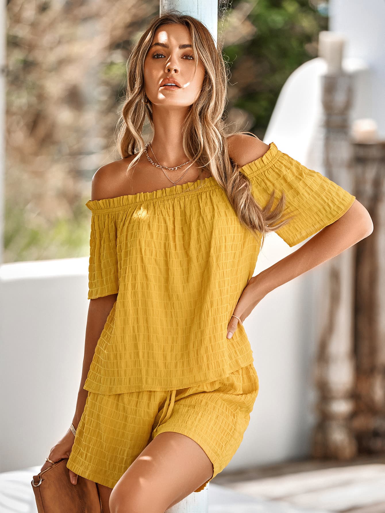 Textured Frill Trim Off-Shoulder Top and Shorts Set