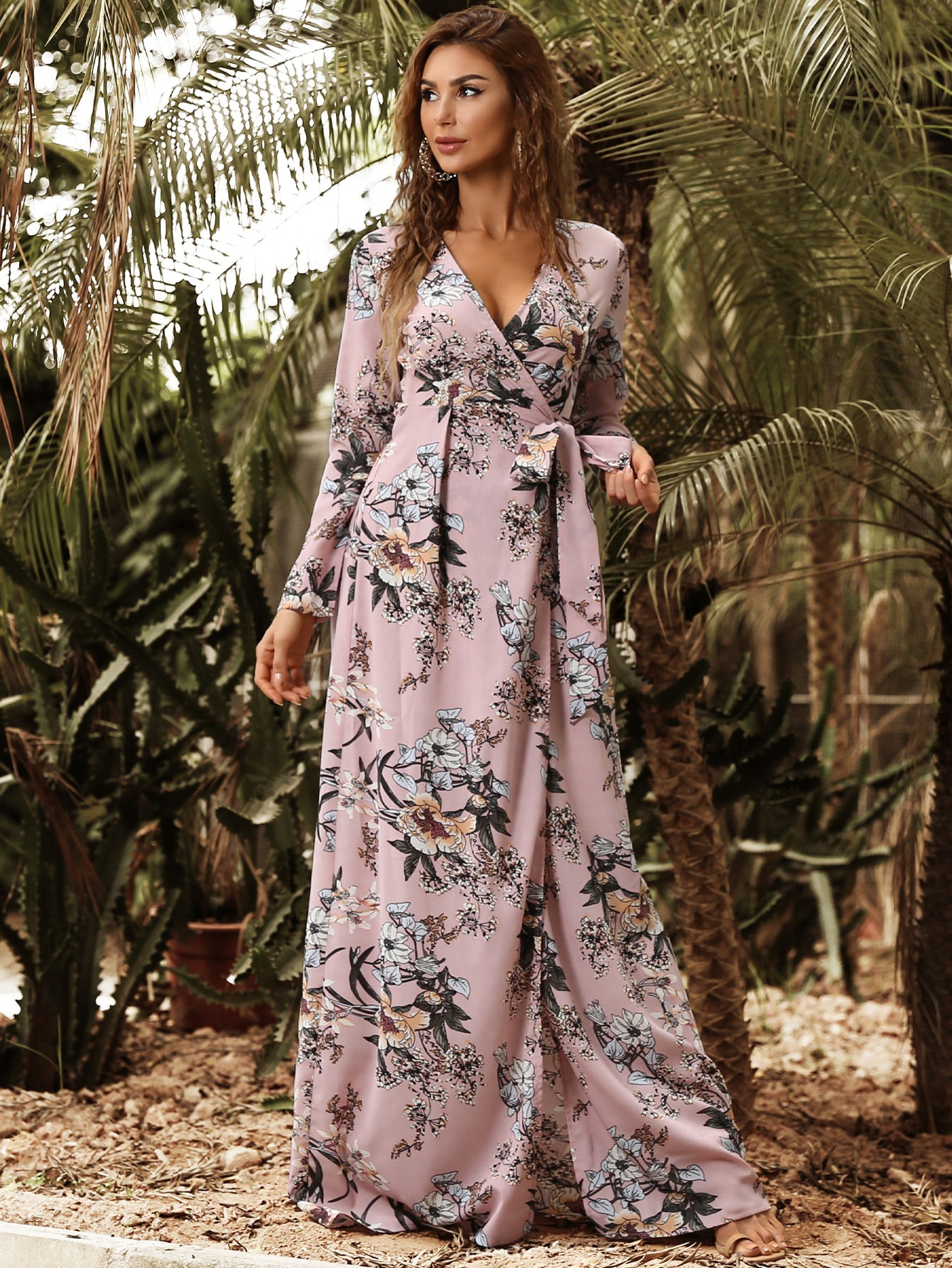 Floral Print Wrap Belted Maxi Dress